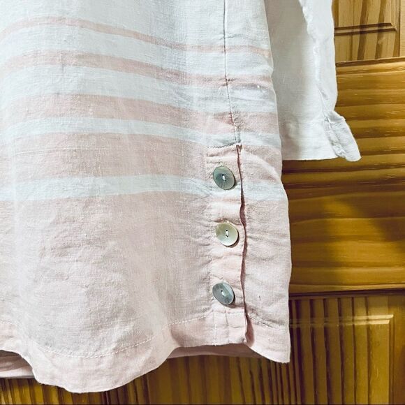 Sigrid Olsen pink white stripe 100% linen tunic button hip cover up shirt top S - Picture 3 of 6
